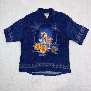 Vintage Big Dogs Men's Size XL Blue Hawaiian Shirt Dog Mixed Drinks‎ Cocktails